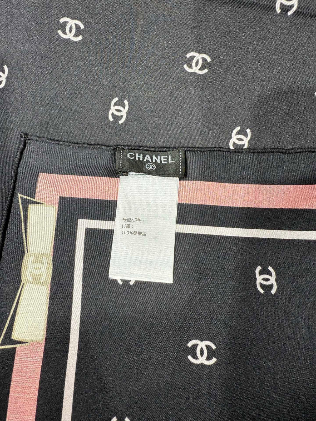 Chanel 2026 Square Scarf 90cm Black Pink Silk Twill 208885