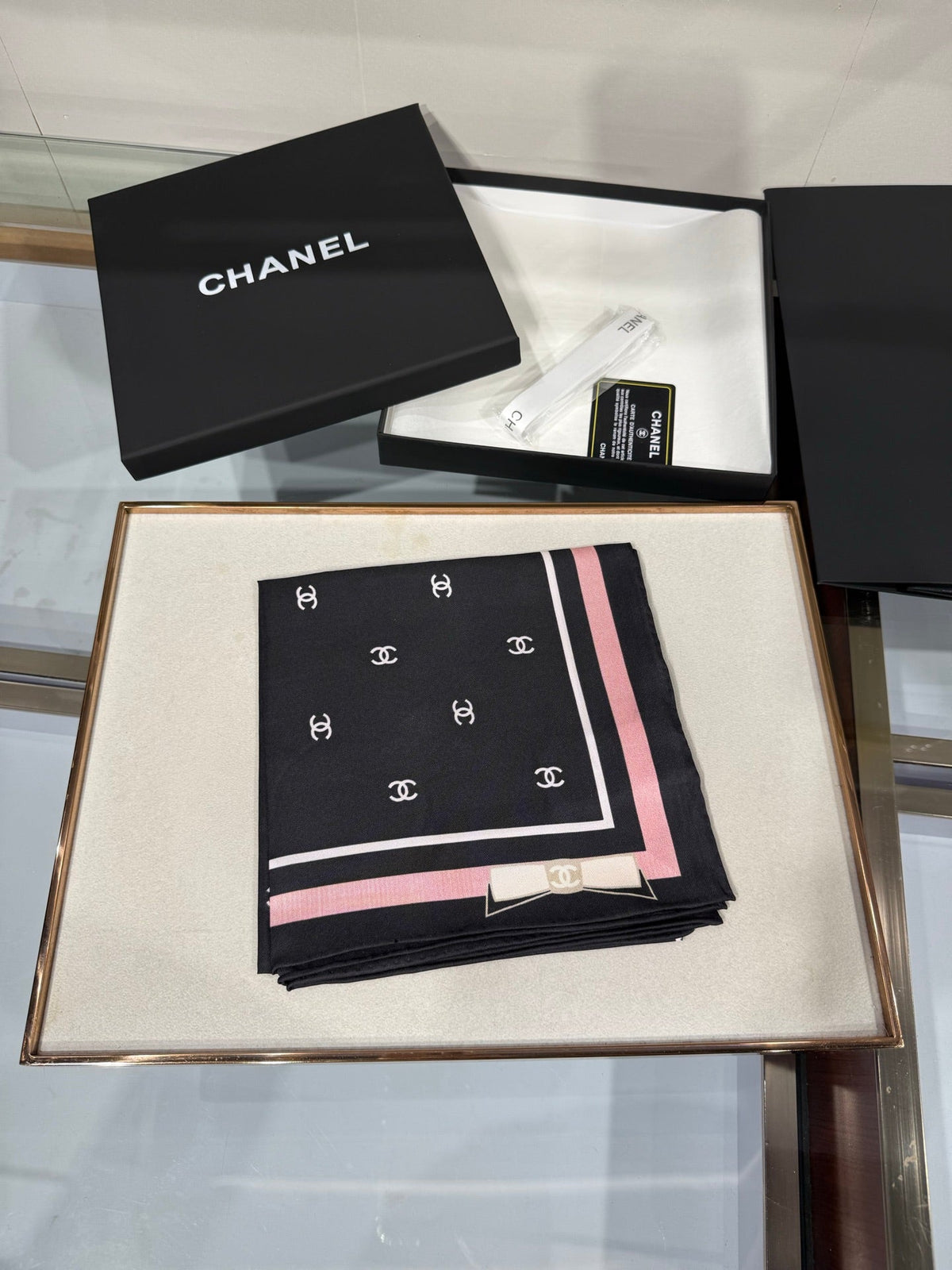 Chanel 2026 Square Scarf 90cm Black Pink Silk Twill 208885
