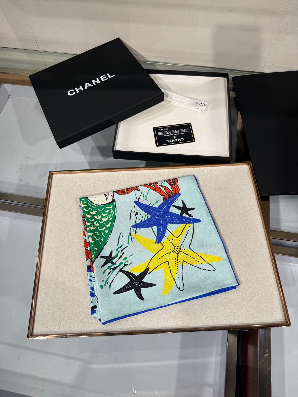 Chanel 2026 Coco Beach Scarf 90cm Blue Twill Silk 211477