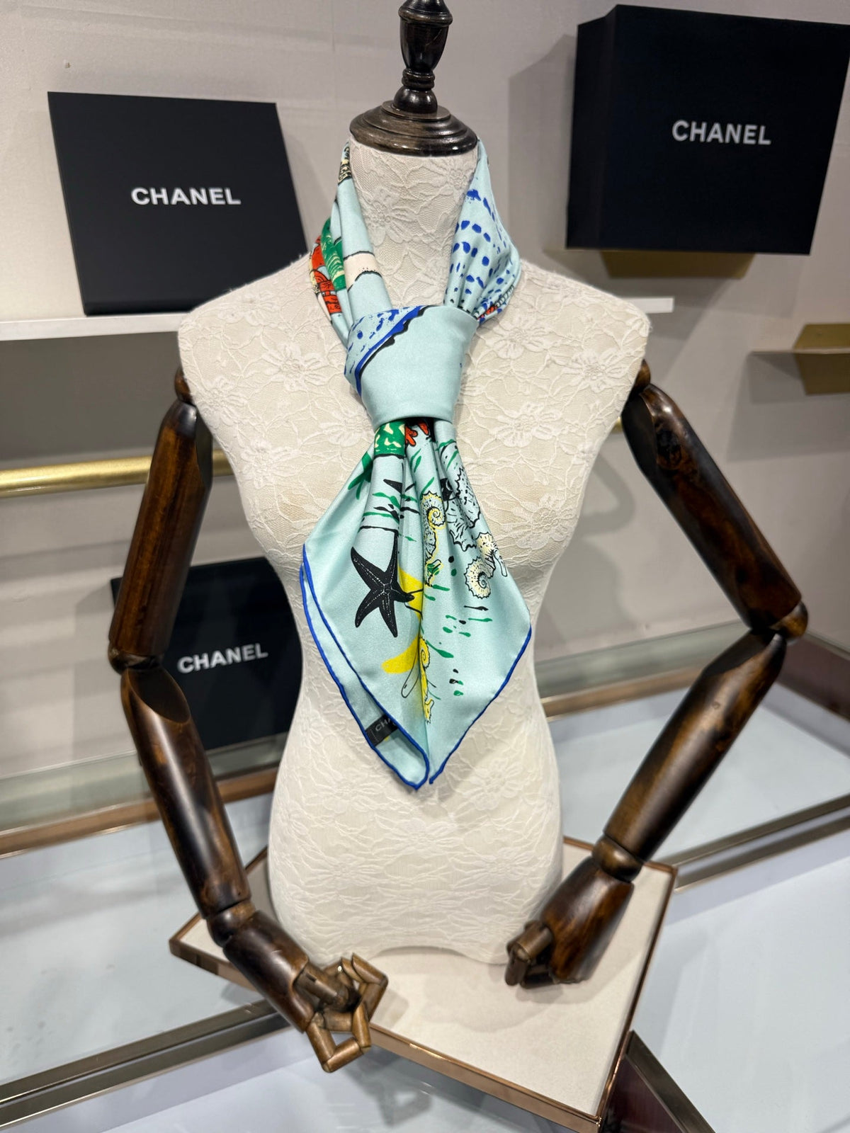 Chanel 2026 Coco Beach Scarf 90cm Blue Twill Silk 211477