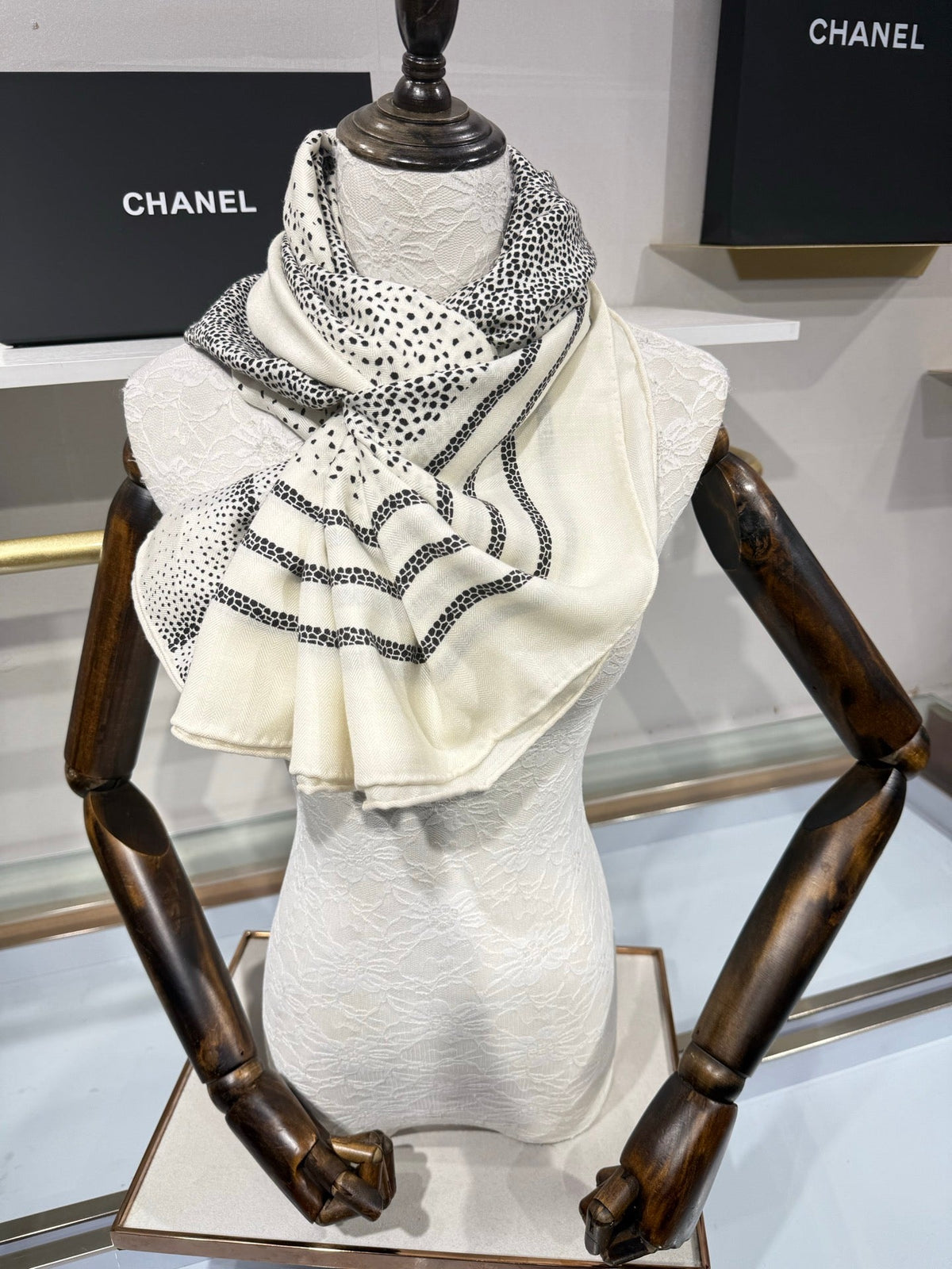 Chanel 2026 Polka Dot Scarf 140cm Black White Cashmere And Silk 217763