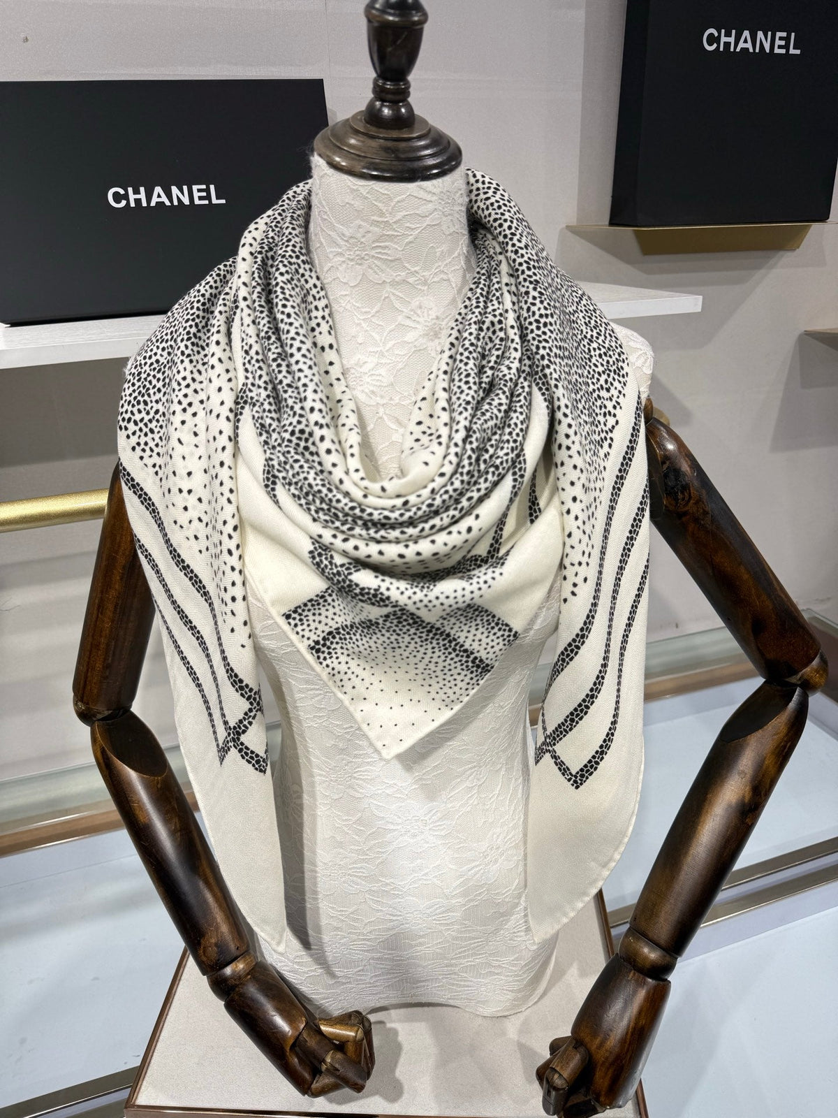 Chanel 2026 Polka Dot Scarf 140cm Black White Cashmere And Silk 217763