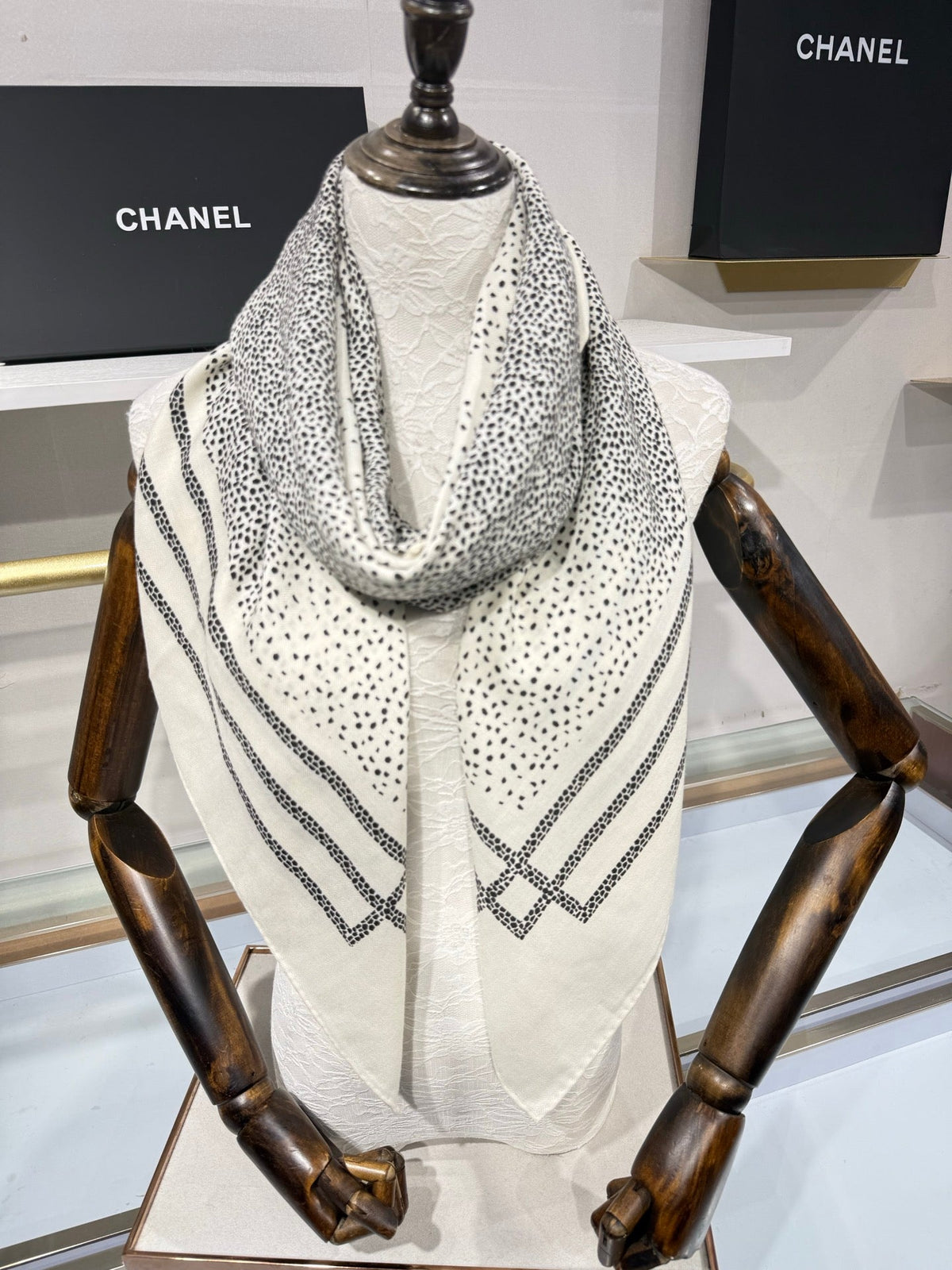 Chanel 2026 Polka Dot Scarf 140cm Black White Cashmere And Silk 217763