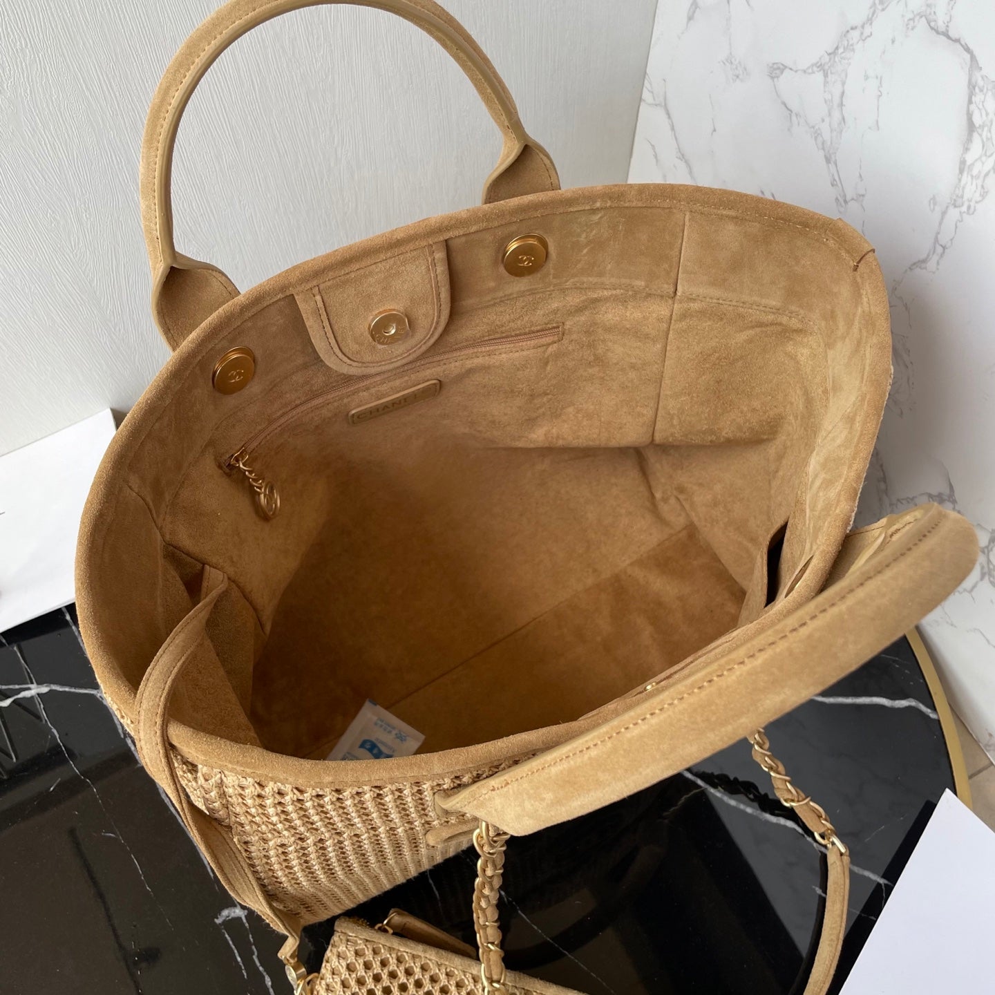 CC 25 Deauville Tote Bag 34cm Beige Crochet Suede