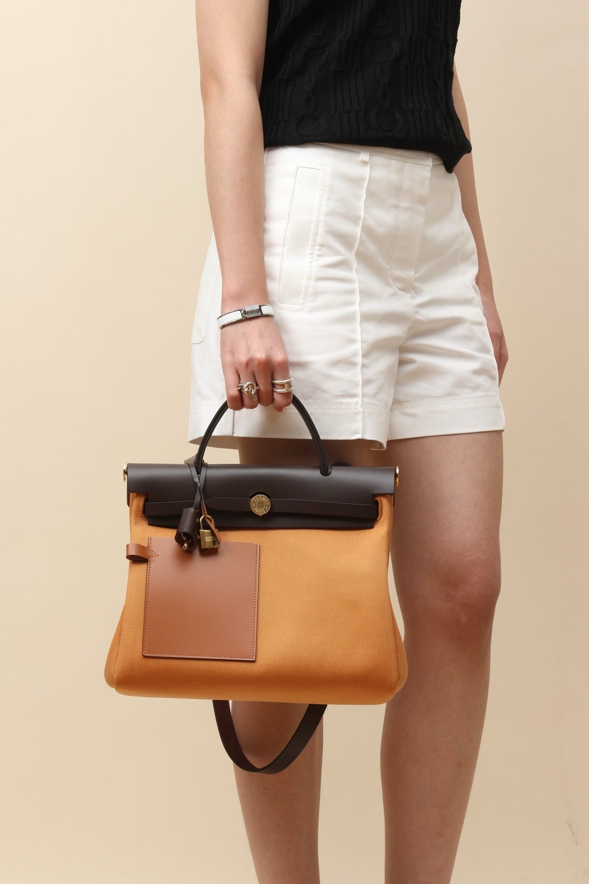High-end Hermes 2026 Herbag Zip Pocket Bag 31cm Canvas Hunter Leather