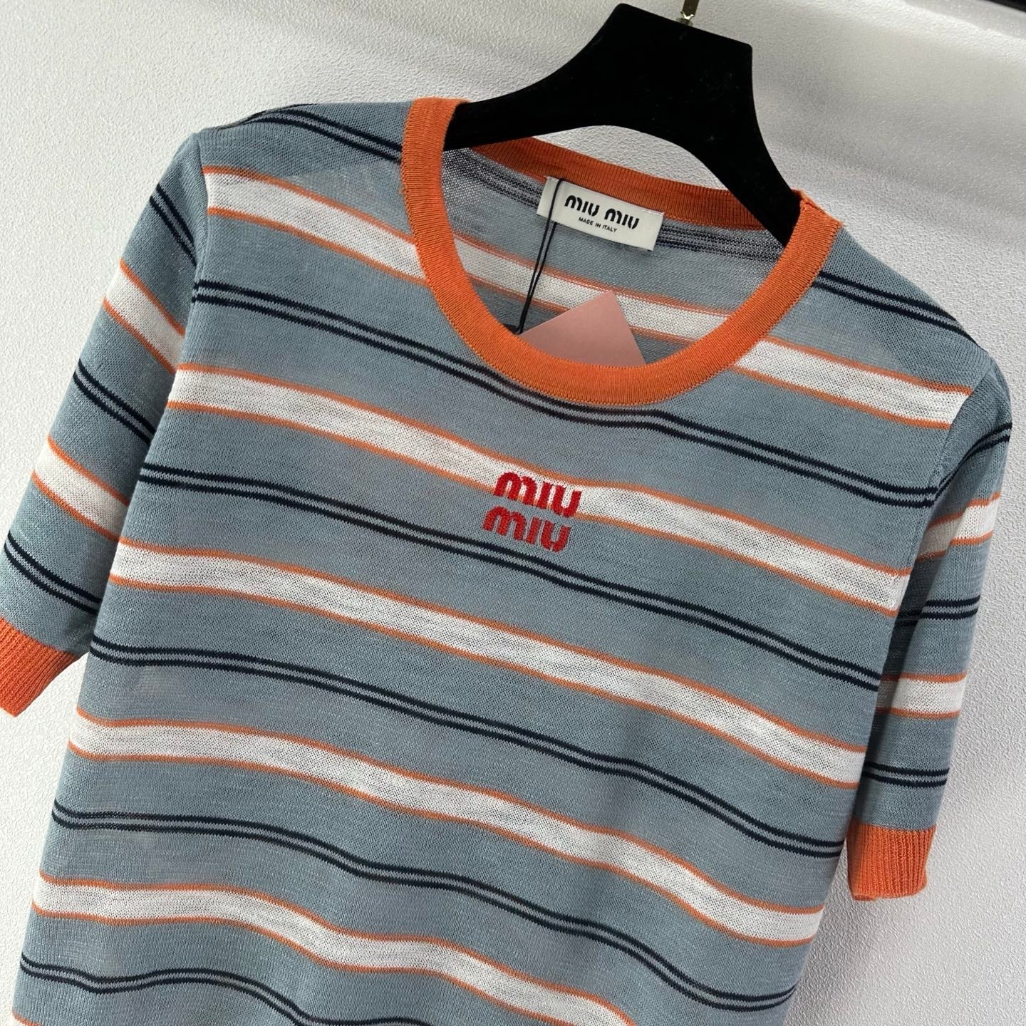 Miumiu 2026 Striped Knit Short-sleeved Top Blue-Grey mix Orange Cotton 395632