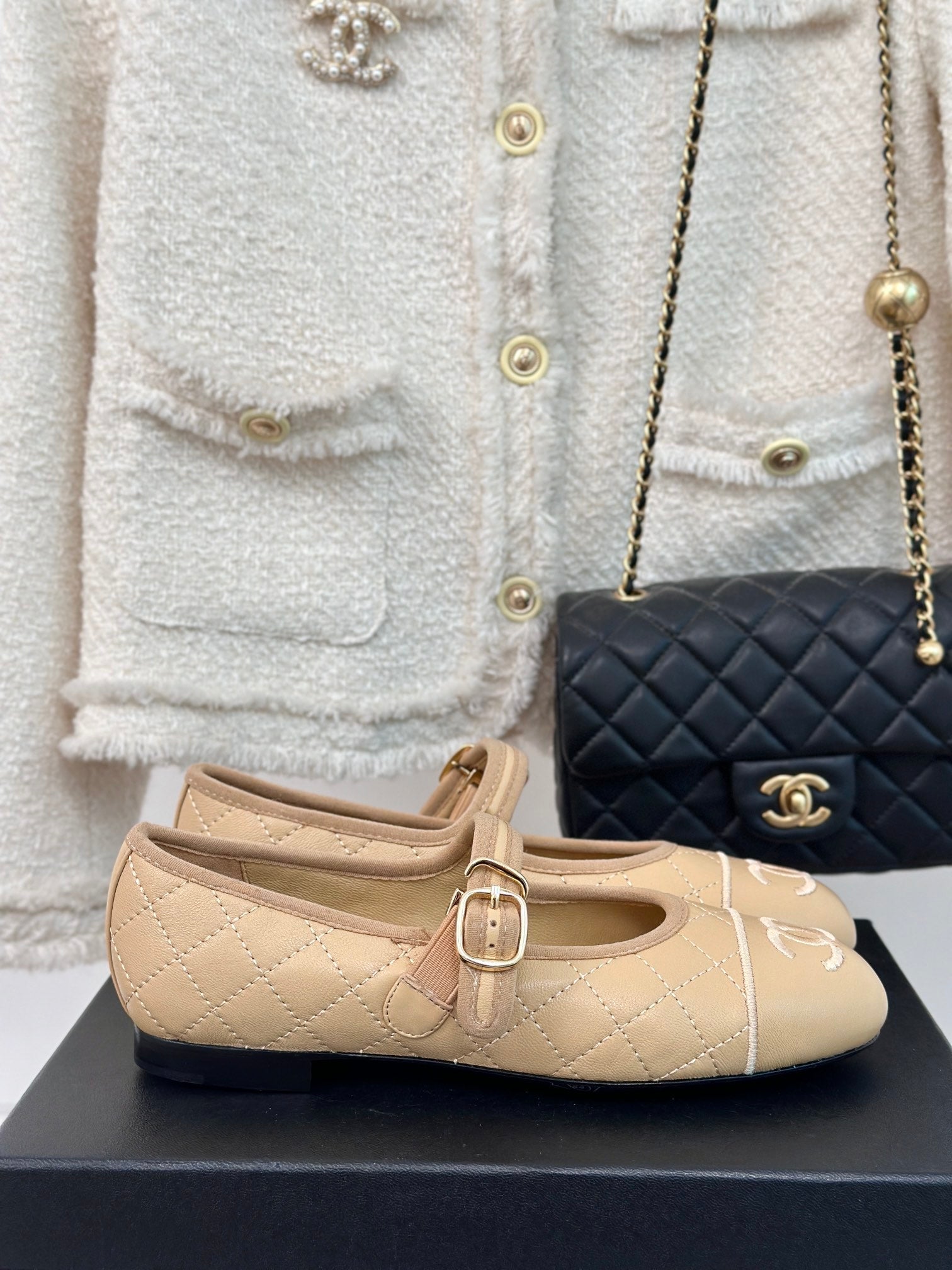 mary jane beige quilted lambskin