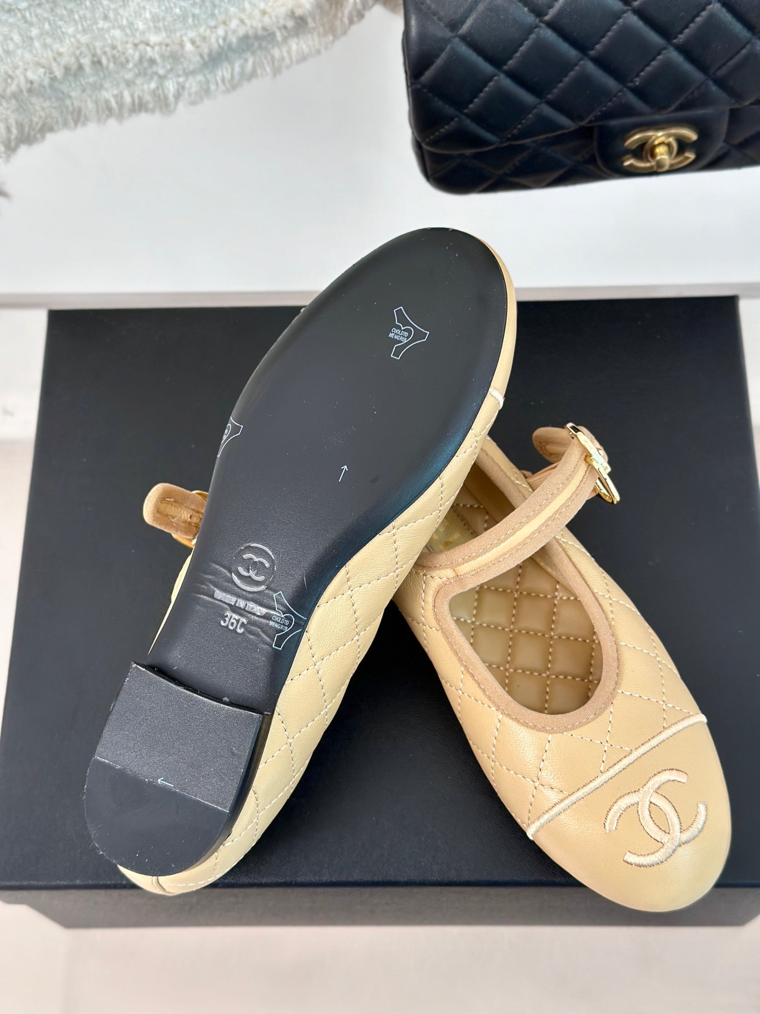 mary jane beige quilted lambskin