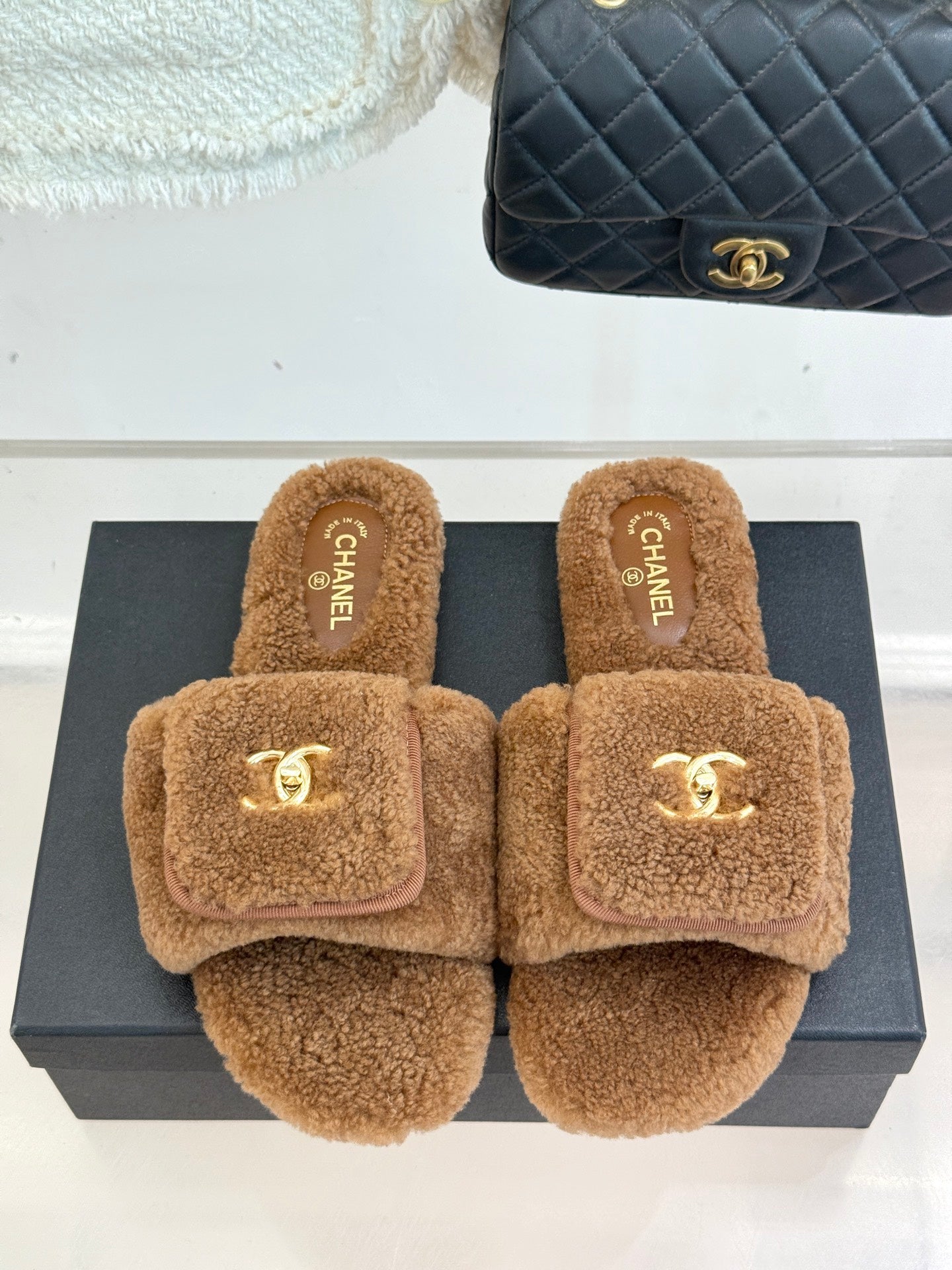 Chanel 25 Buckle Flip-up Thick-soled Slippers Brown Wool 465381