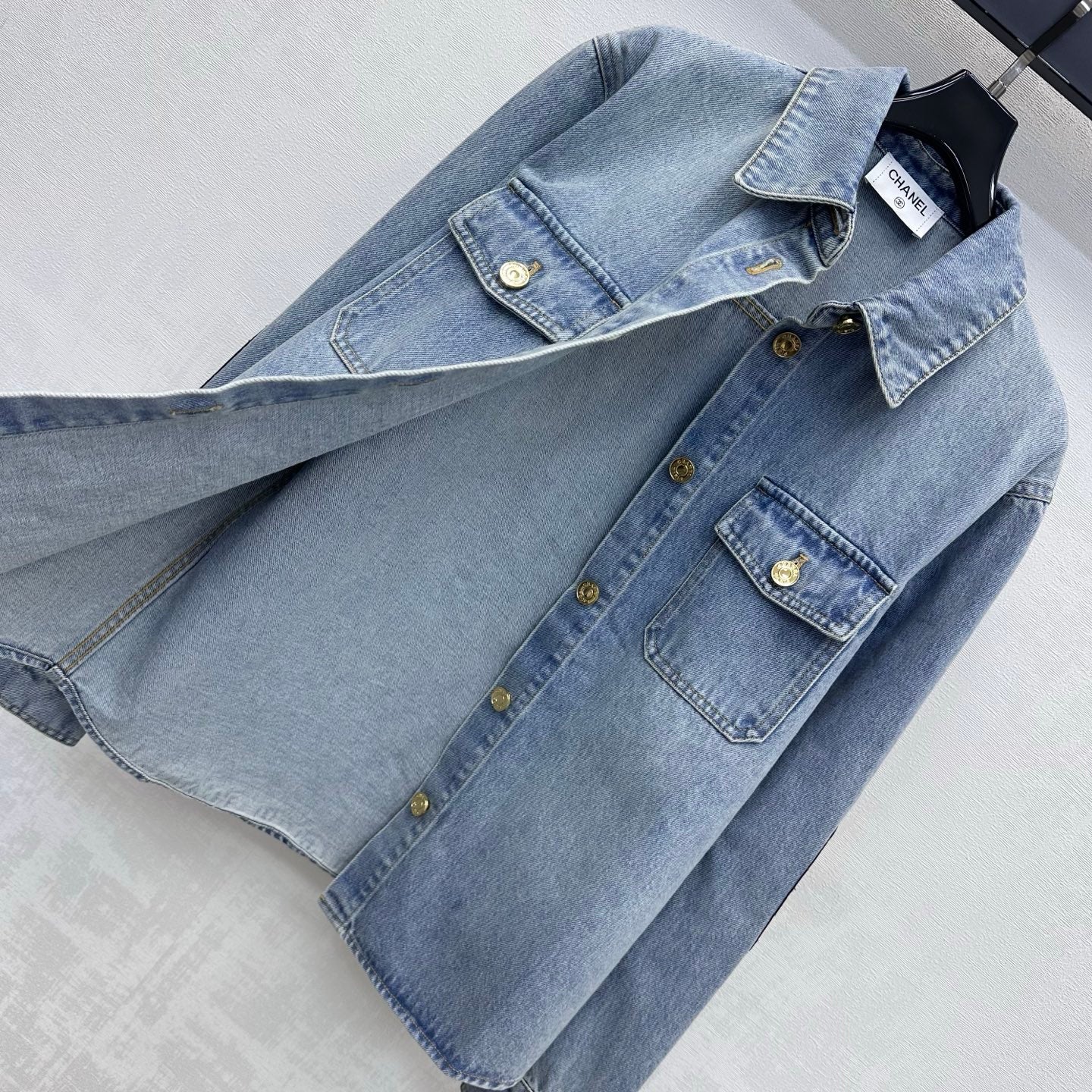 Chanel 2026 Checkered Denim Shirt with Sleeve Patches Light Blue Cotton 418505