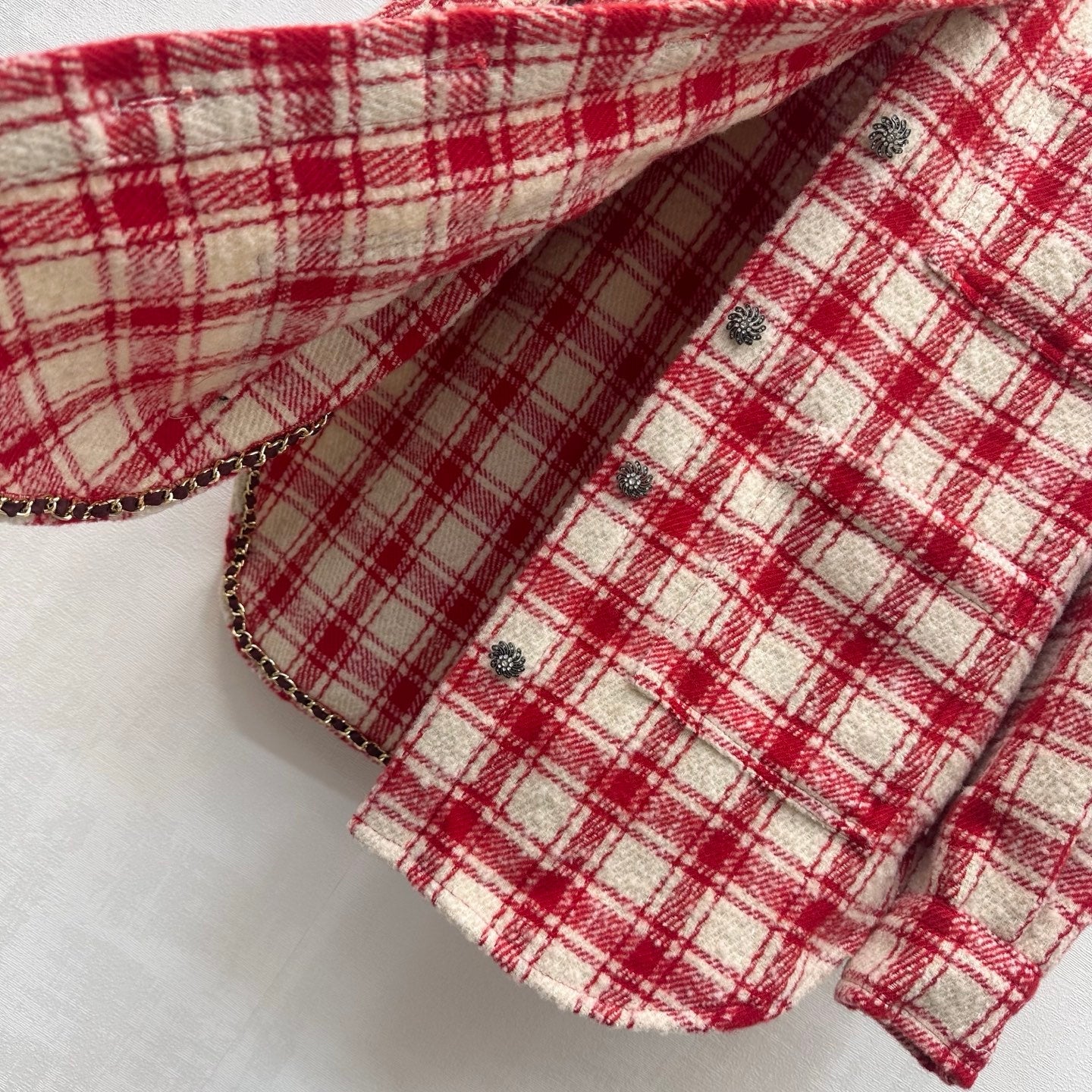 Chanel 2026 Checkered Jacket Red White Wool 418457