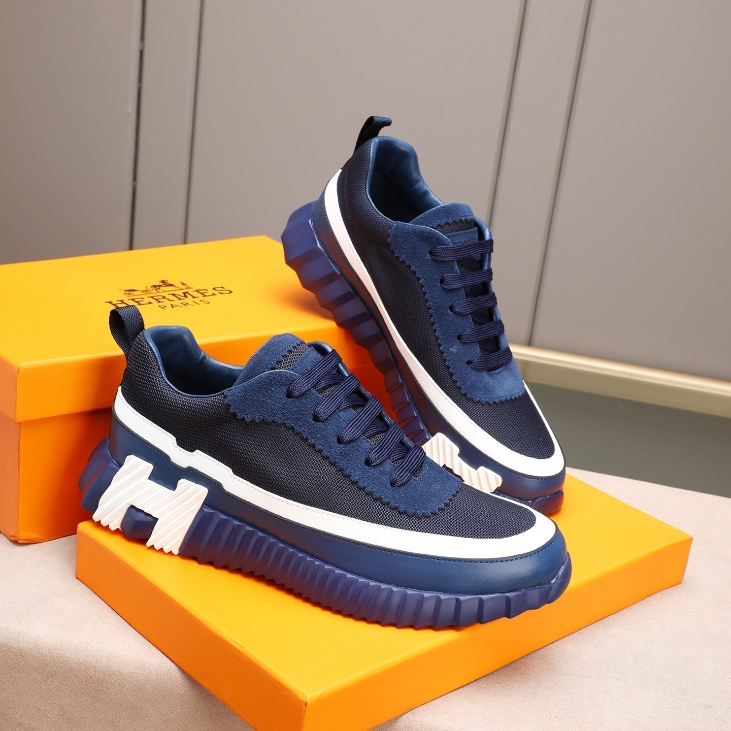 HM Men's Bouncing Sneaker Blue Calfskin Fabric 754133