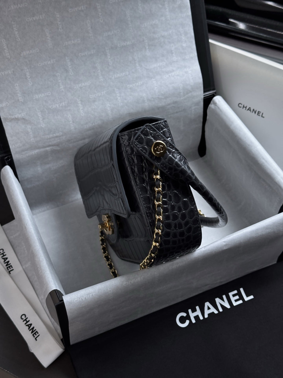 Chanel 2026 Crocodile Embossed Flap Bag 19.5cm Calfskin