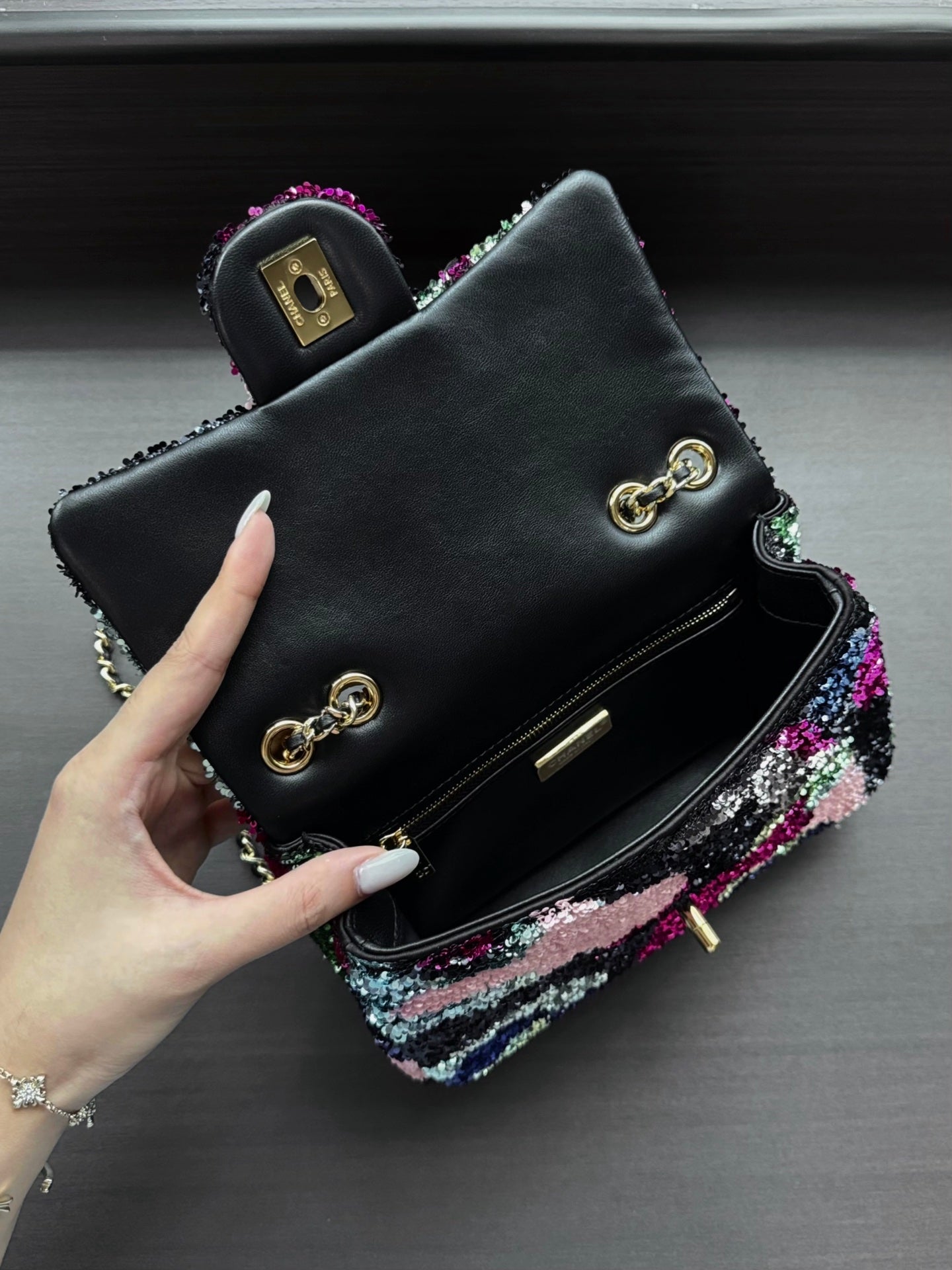 Chanel 2026 Flap Bag Black Mix Colors Sequin Leather 387779