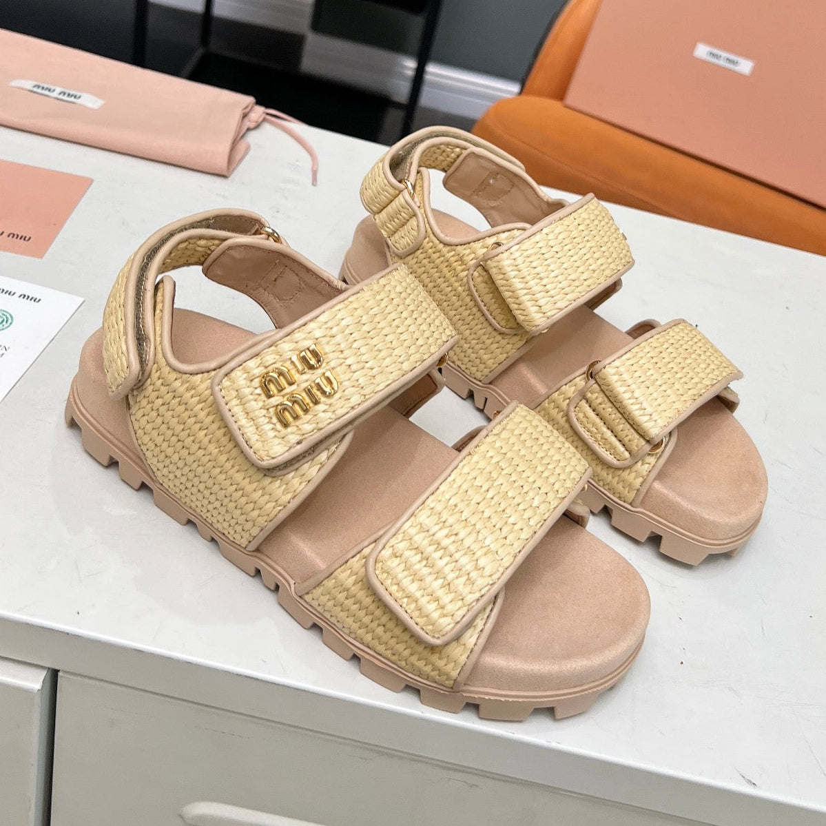 Miumiu 2026 Velcro Sandals Raffia Fiber 935597