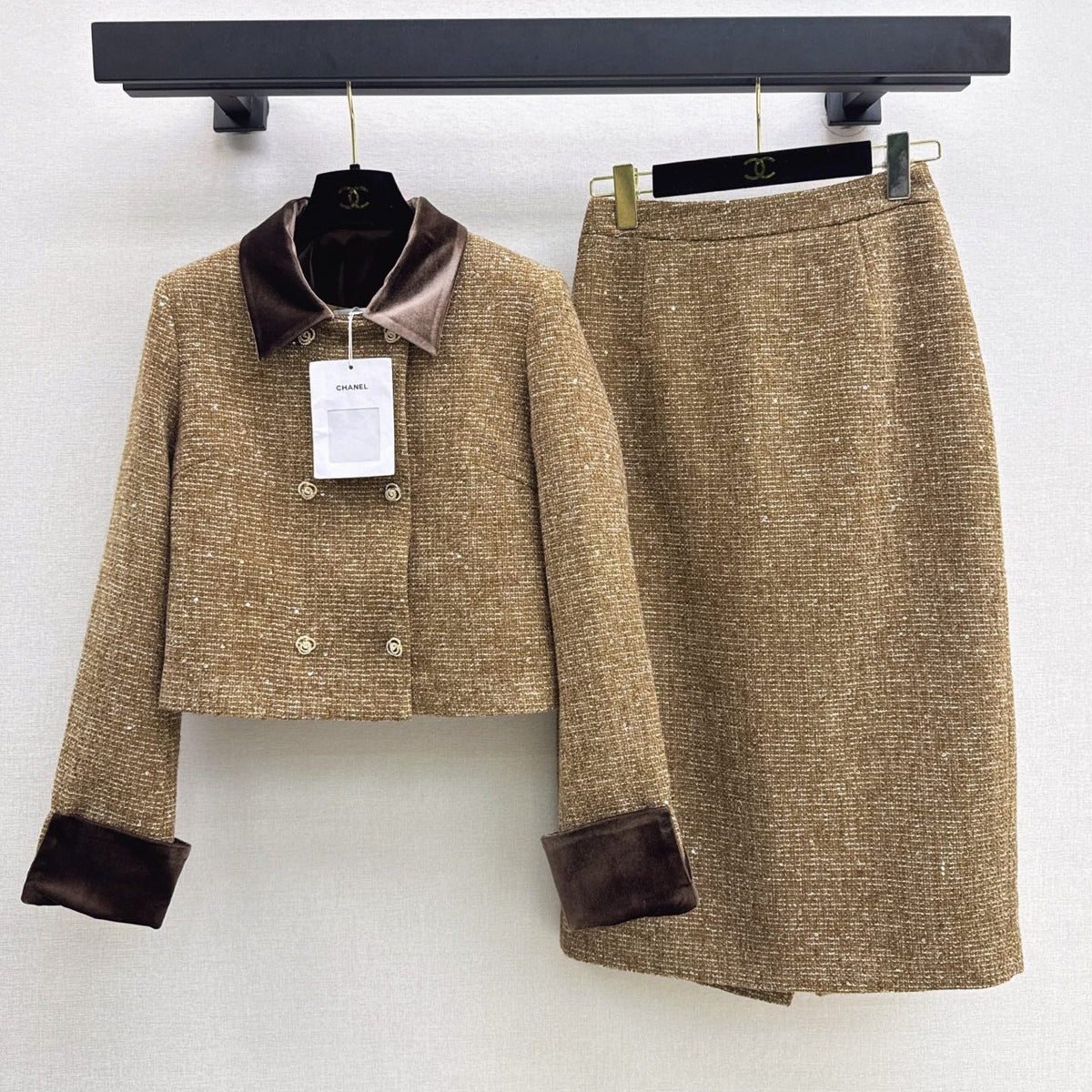 Chanel 2026 Cropped Jacket And Pencil Skirt Set Brown Tweed