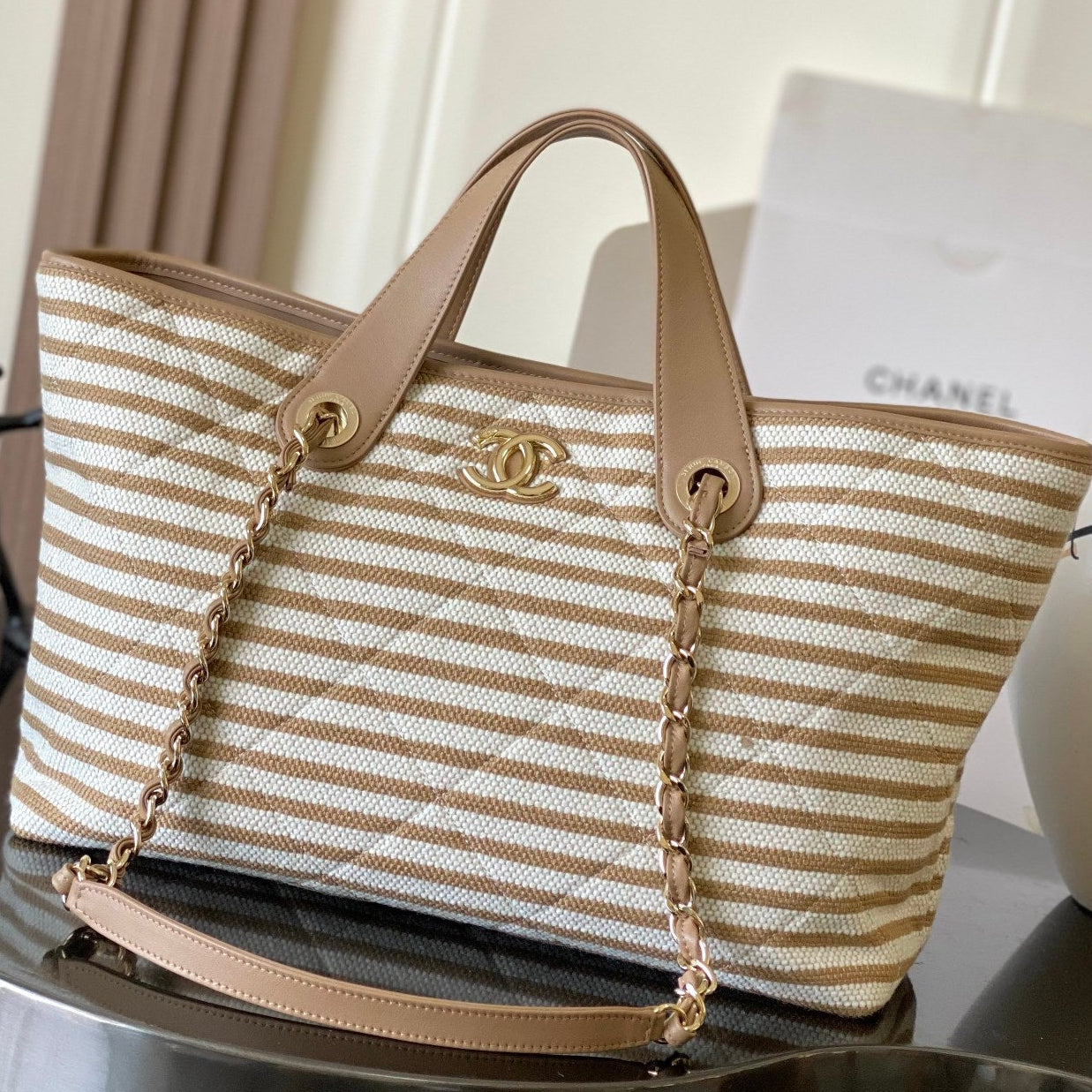 Chanel 2026 Deauville Tote Bag 46cm Beige mix White Canvas Leather 331126