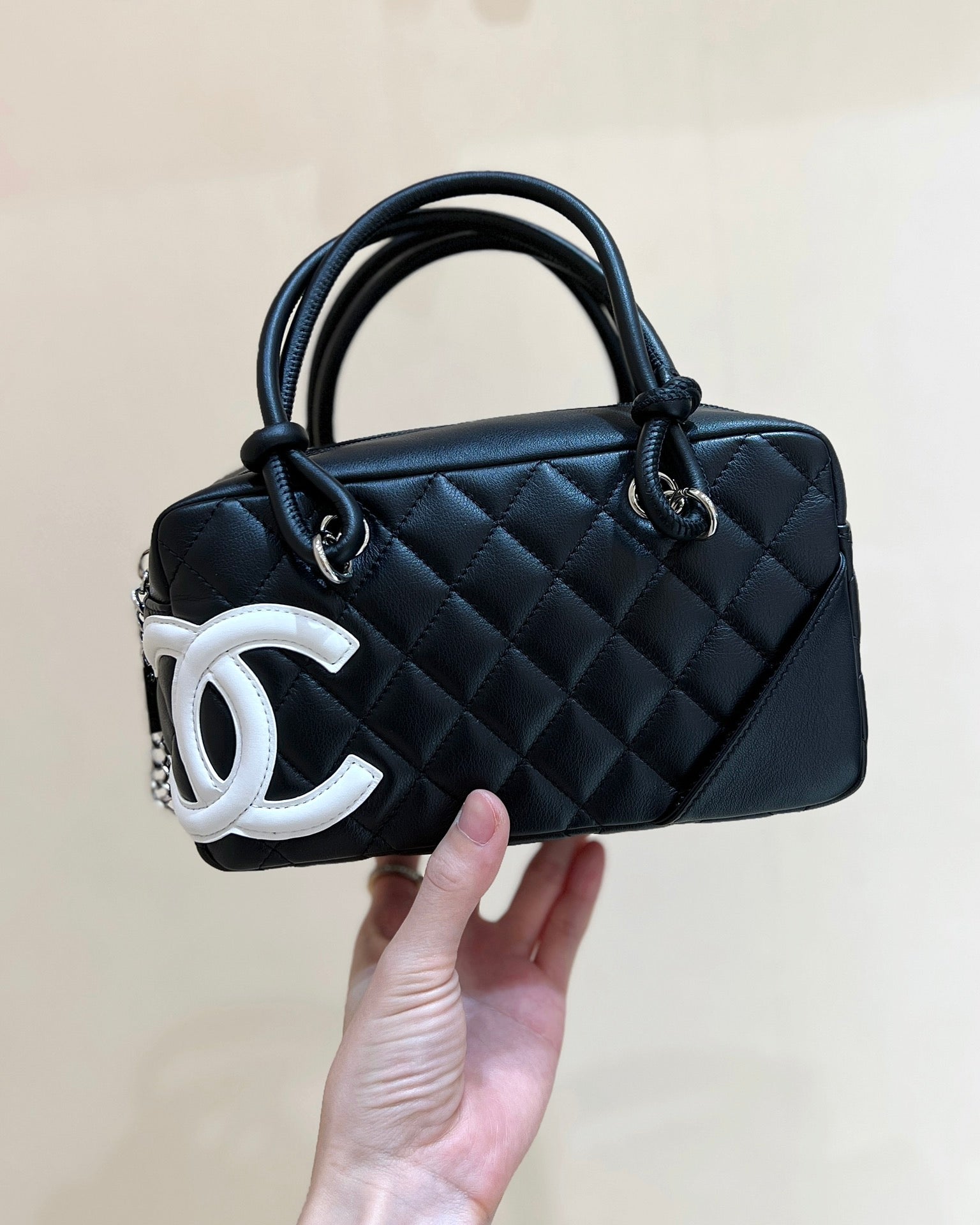 Chanel 2026 Cambon Ligne Bag 21cm Black White Quilted Lambskin