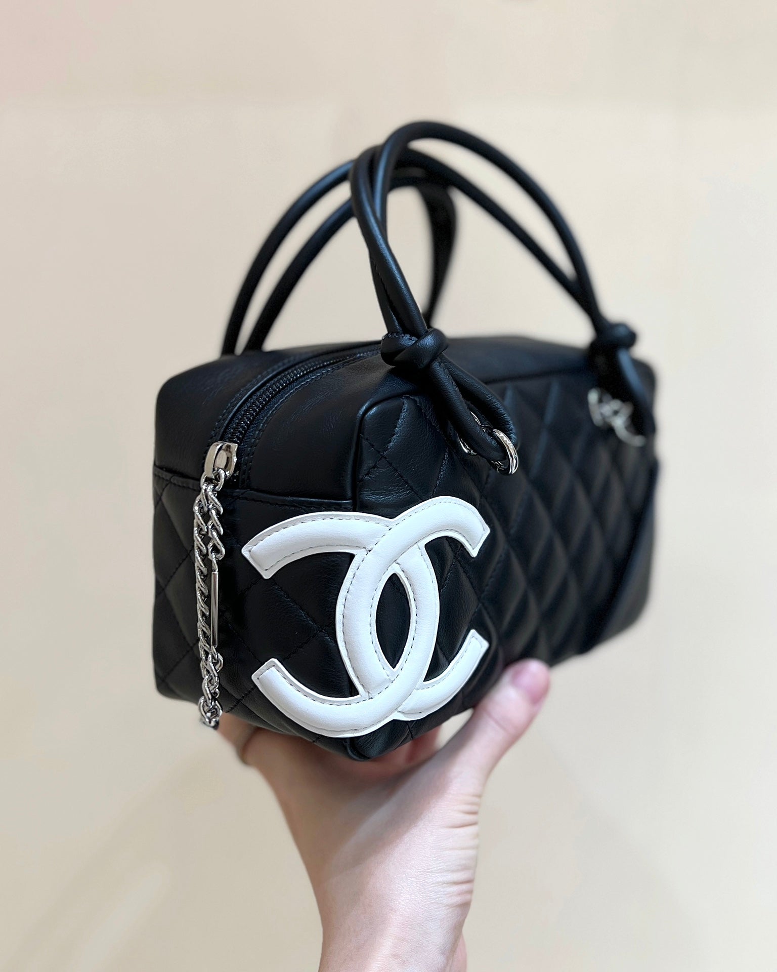 Chanel 2026 Cambon Ligne Bag 21cm Black White Quilted Lambskin