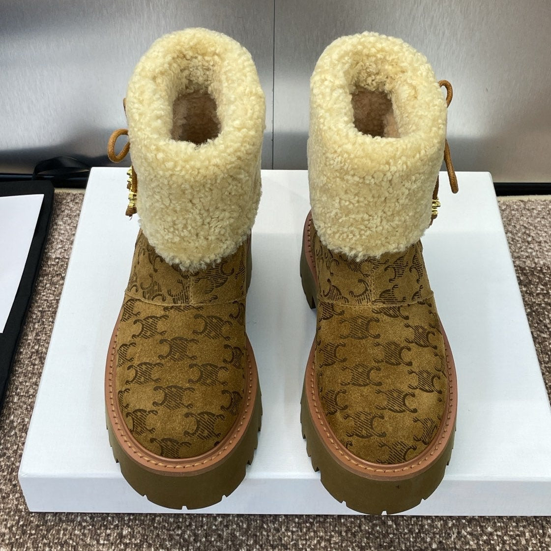Celine 2026 Bulky Cropped Triomphe Boots Brown Suede 962664