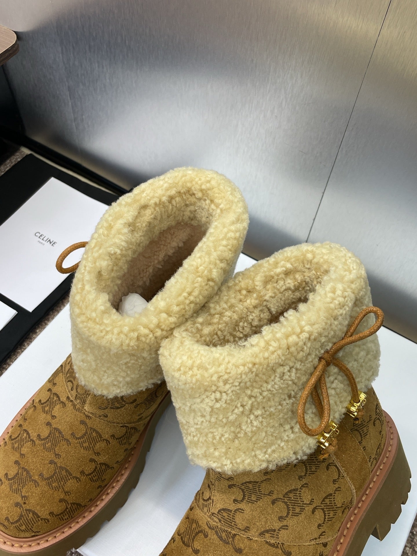 Celine 2026 Bulky Cropped Triomphe Boots Brown Suede 962664