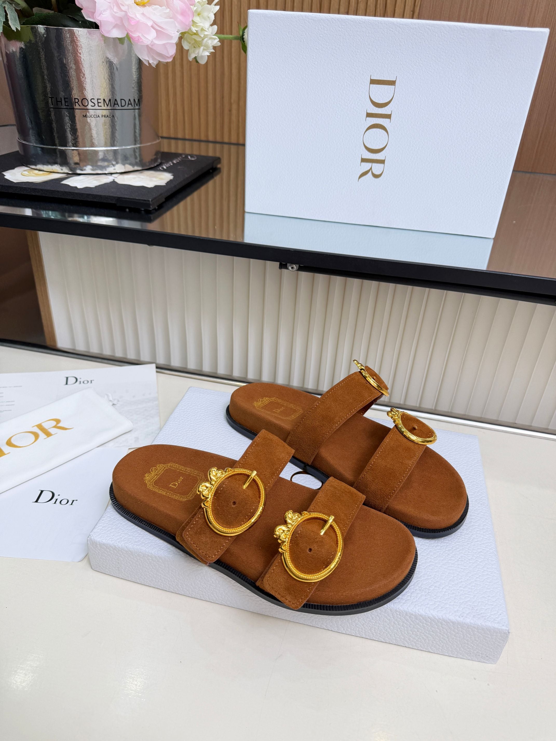 Dior 2026 Medaillon Buckle Slide Brown Suede 981761