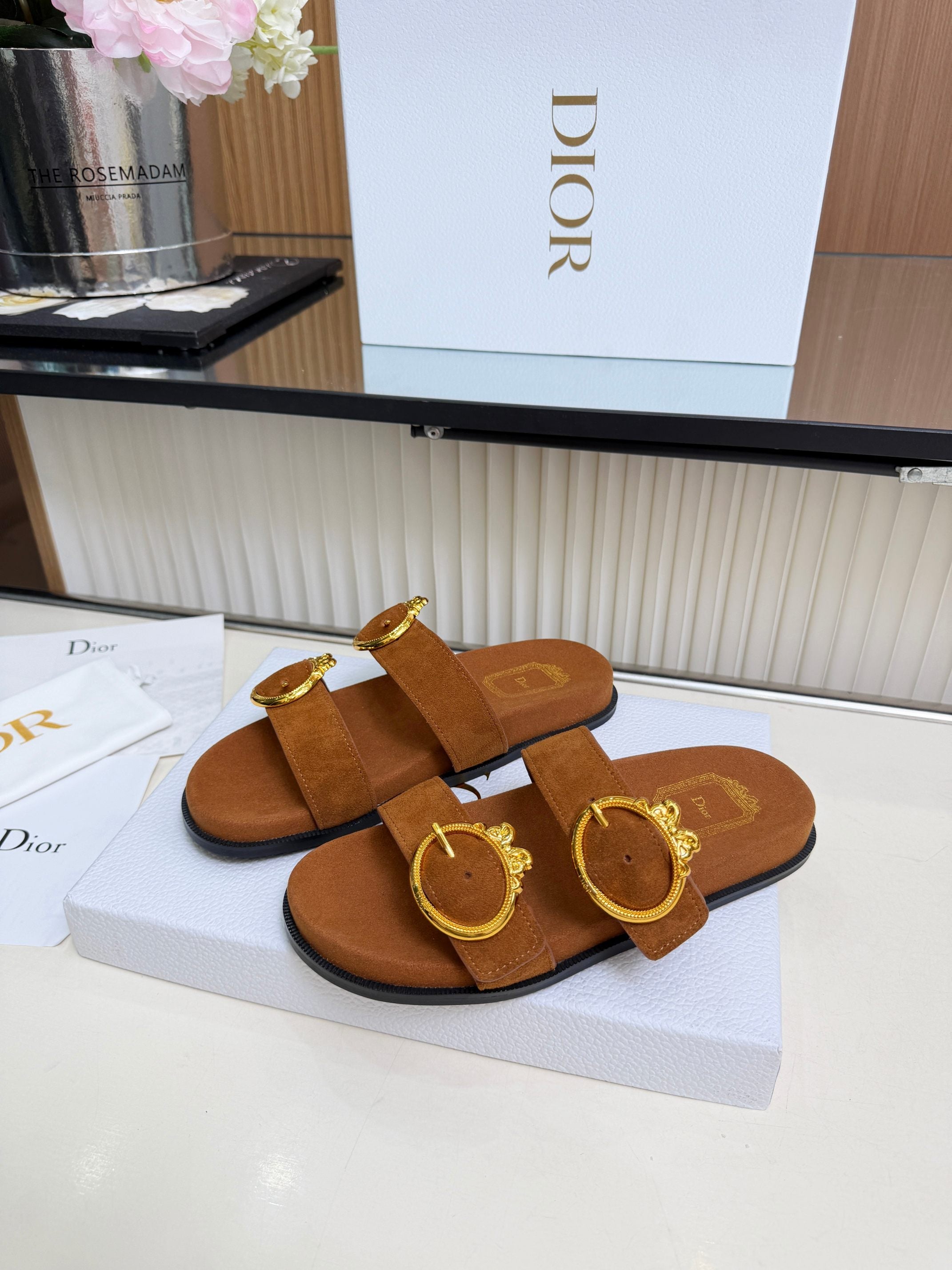 Dior 2026 Medaillon Buckle Slide Brown Suede 981761