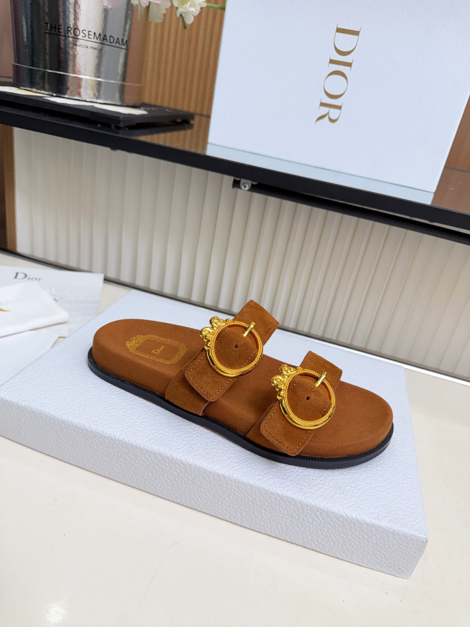 Dior 2026 Medaillon Buckle Slide Brown Suede 981761