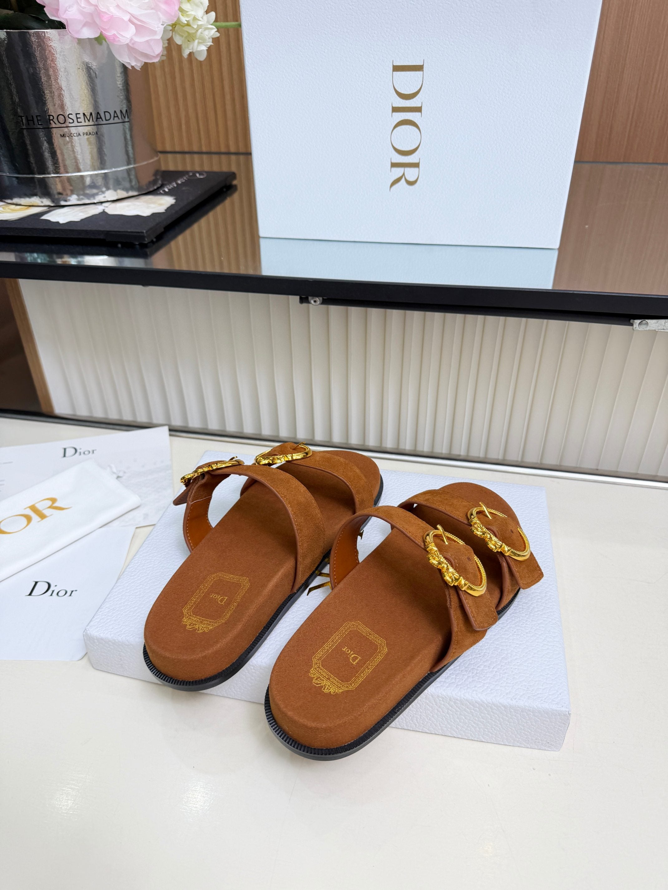 Dior 2026 Medaillon Buckle Slide Brown Suede 981761
