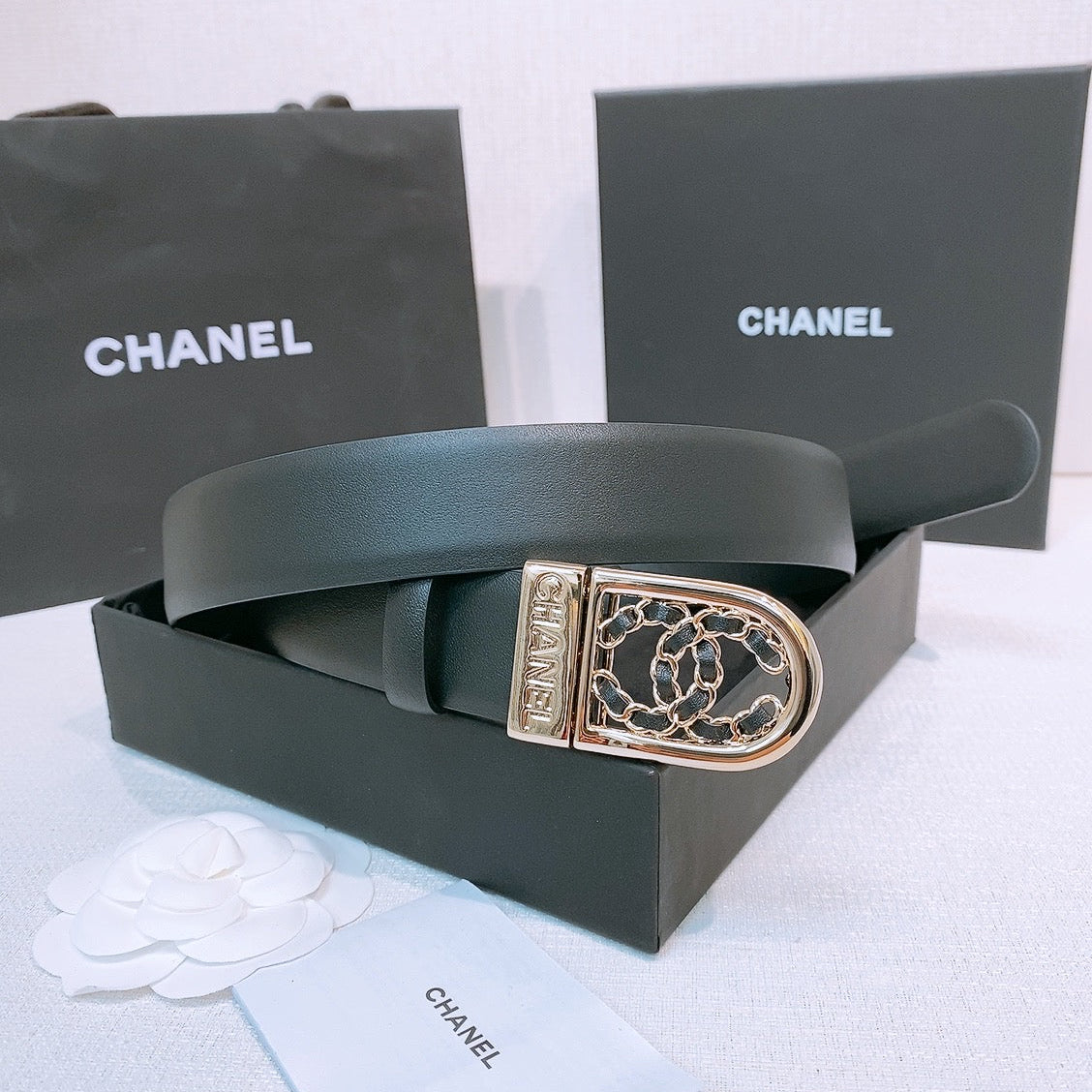 CC Women's Belt 3.0CM Black Calfskin Gold Black Buckle 572533