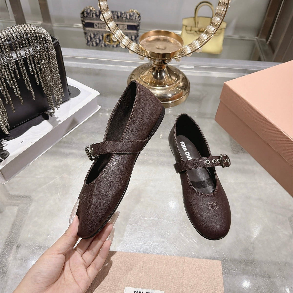 Miu Miu 2026 Round-Toe Ballet Flats Dark Brown Sheepskin 999627