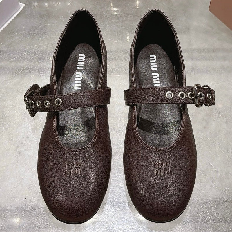 Miu Miu 2026 Round-Toe Ballet Flats Dark Brown Sheepskin 999627