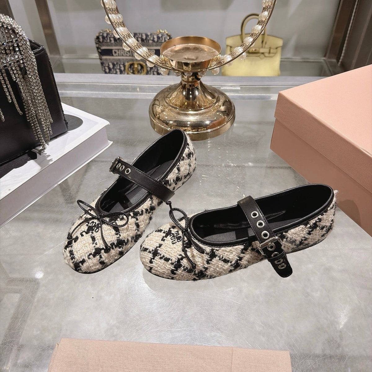 Miu Miu 2026 Bouclé Check Ballet Flats Tweed Leather 999630