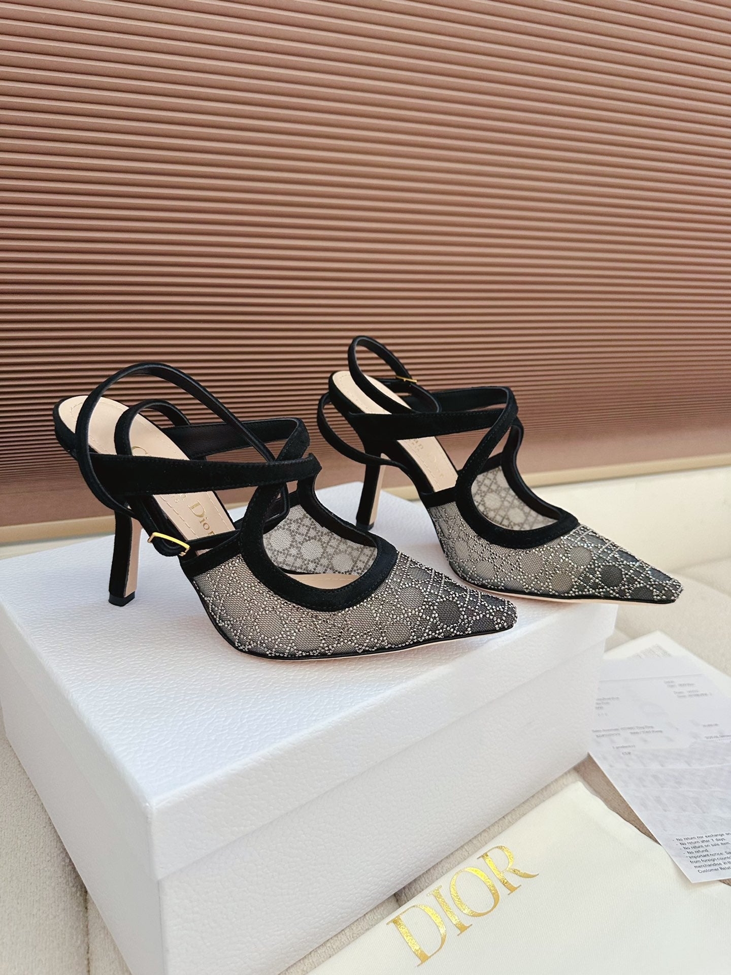 CD 26 High Heel 95 Black Beige Mesh Fabric Sheepskin 614894