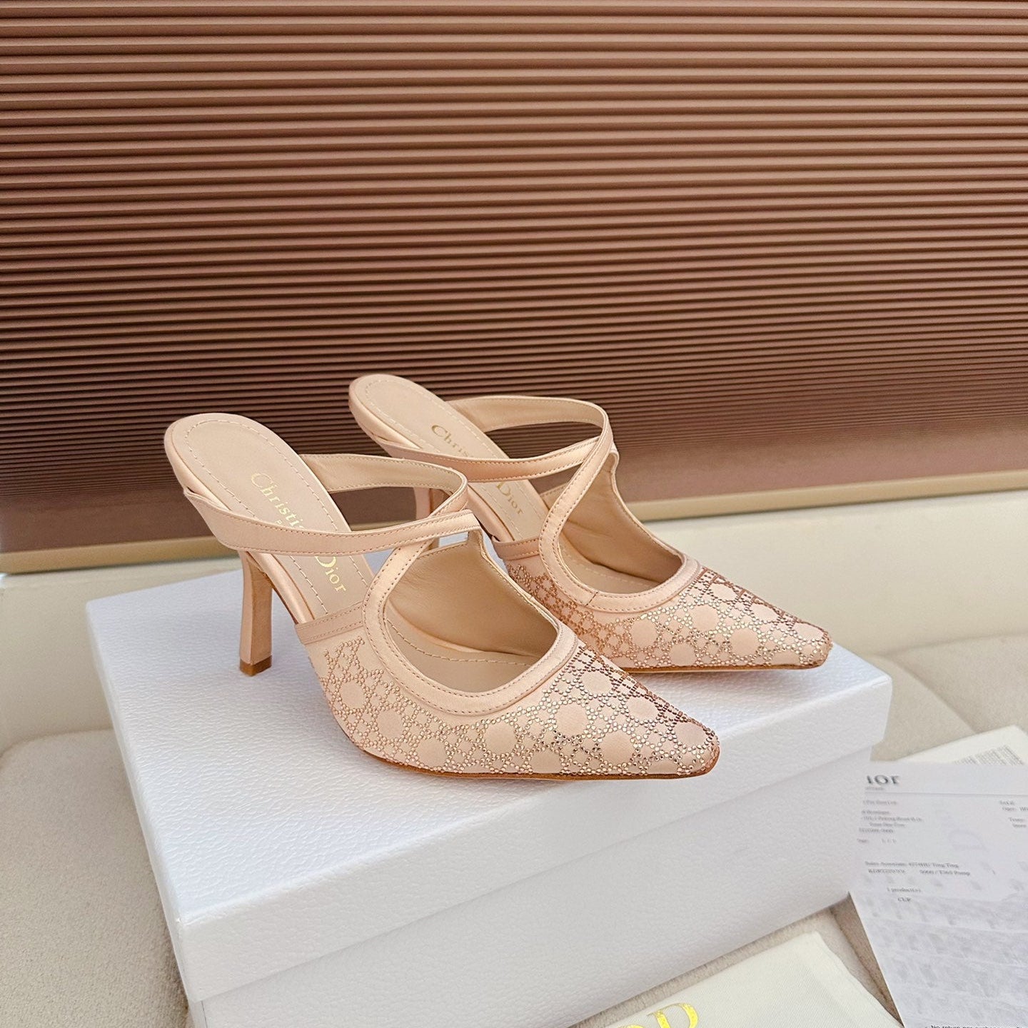 CD 26 High Heel Mule 95 Blush Pink Mesh Fabric Sheepskin 614896