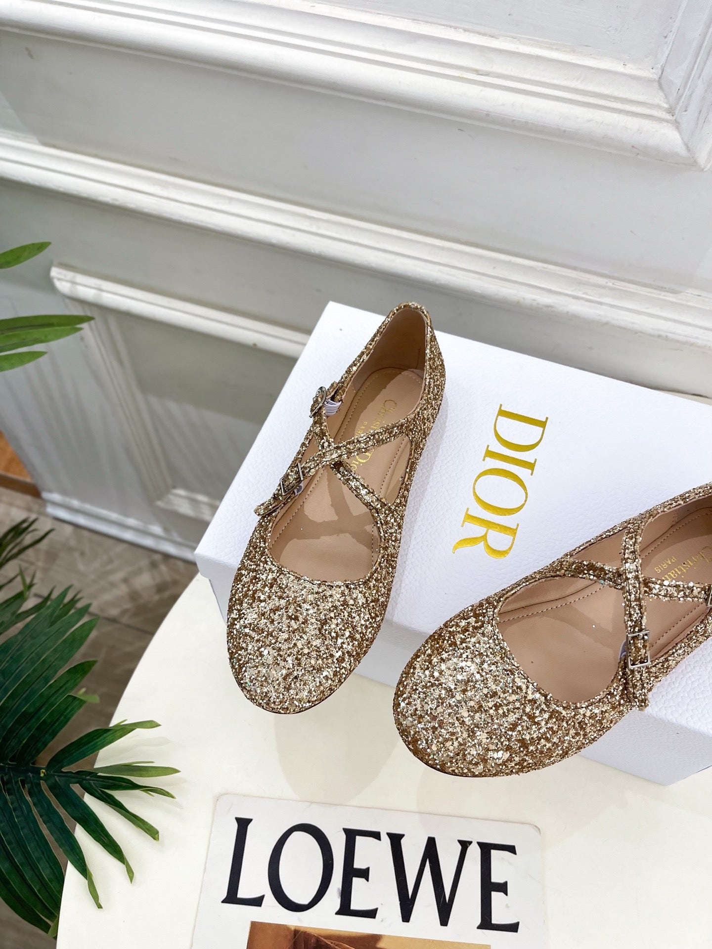Dior 2026 Cross-Strap Ballet Flats Gold Glitter Leather 966828
