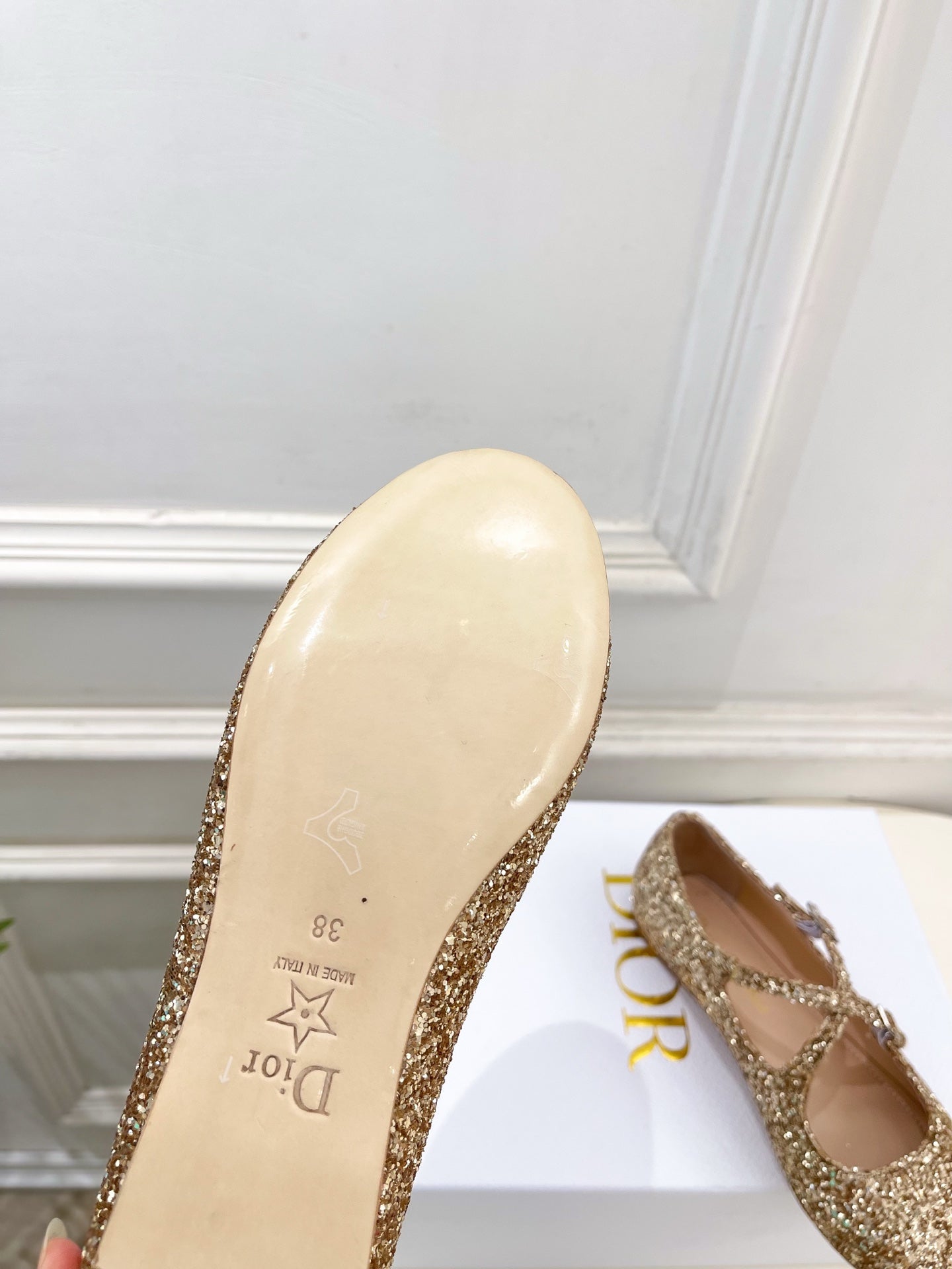 Dior 2026 Cross-Strap Ballet Flats Gold Glitter Leather 966828