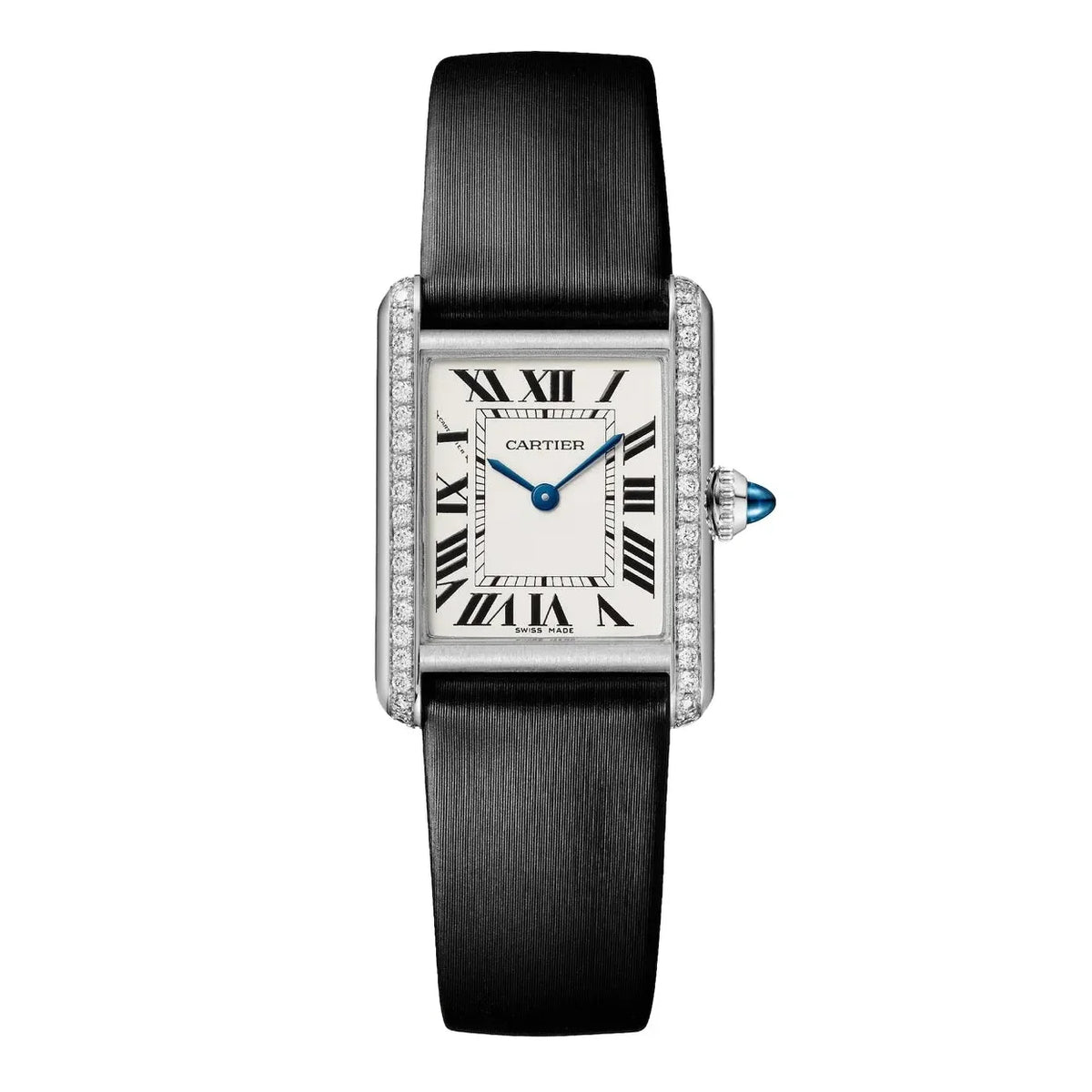 Cartier Tank Must Diamond Silver Case Black Leather
