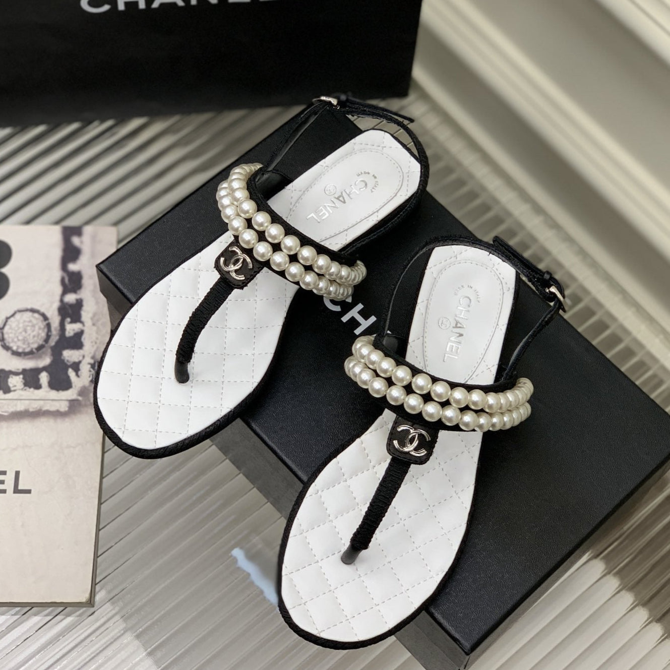 CC Thong Sandal Black White Calfskin Pearl